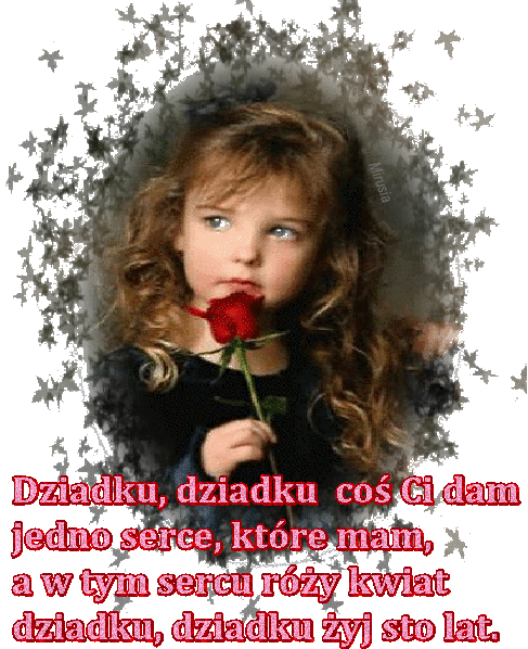 Wnuczka z czerwoną różą życzy dziadkowi żyj sto lat